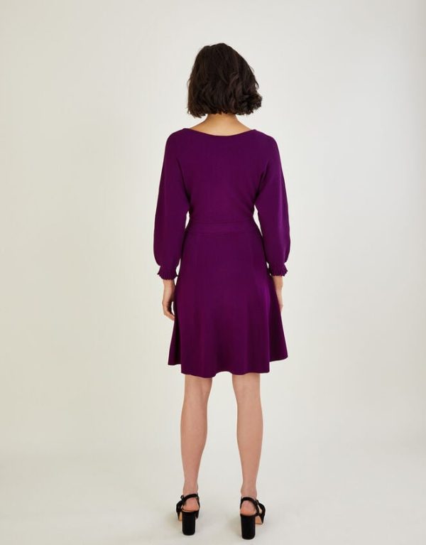 Monsoon Pleat Cuff Short Knit Dress Purple - Image 3