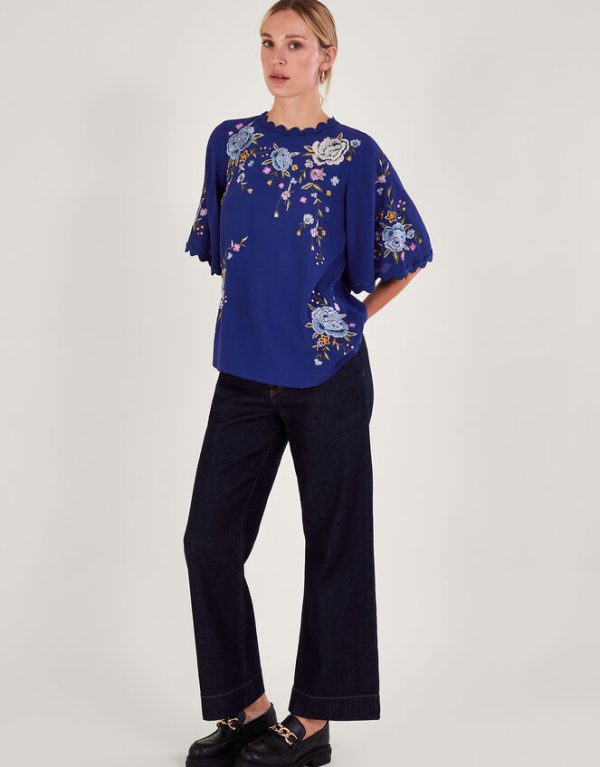 Monsoon Olla Embroidered Floral Kimono Top Blue - Image 2