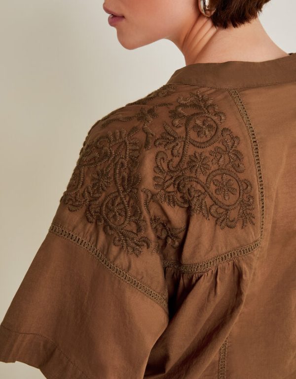 Monsoon Aerin Embroidered Short Sleeve Blouse Brown - Image 4