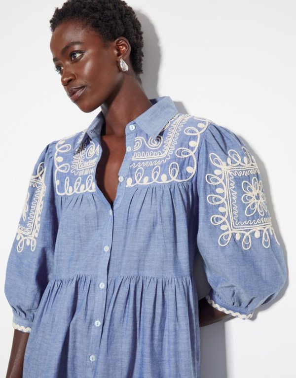 Monsoon Damia Embroidered Chambray Mini Shirt Dress Blue - Image 4