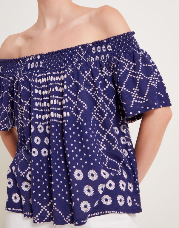 Monsoon Cindy Print Bardot Top Blue - Image 4