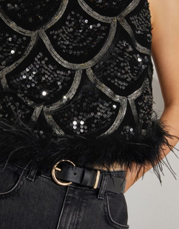 Monsoon Sira Sleeveless Sequin Feather Top Black - Image 4