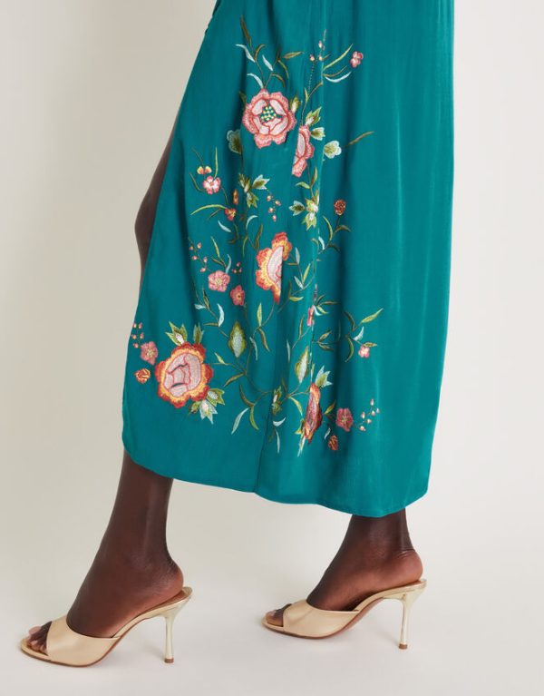 Monsoon Maya Floral Embroidered Midi Dress Teal - Image 4