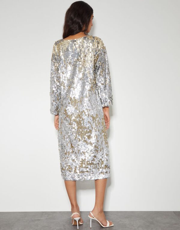 Monsoon Marie Long Sleeve Sequin Midi Dress Silver - Image 4