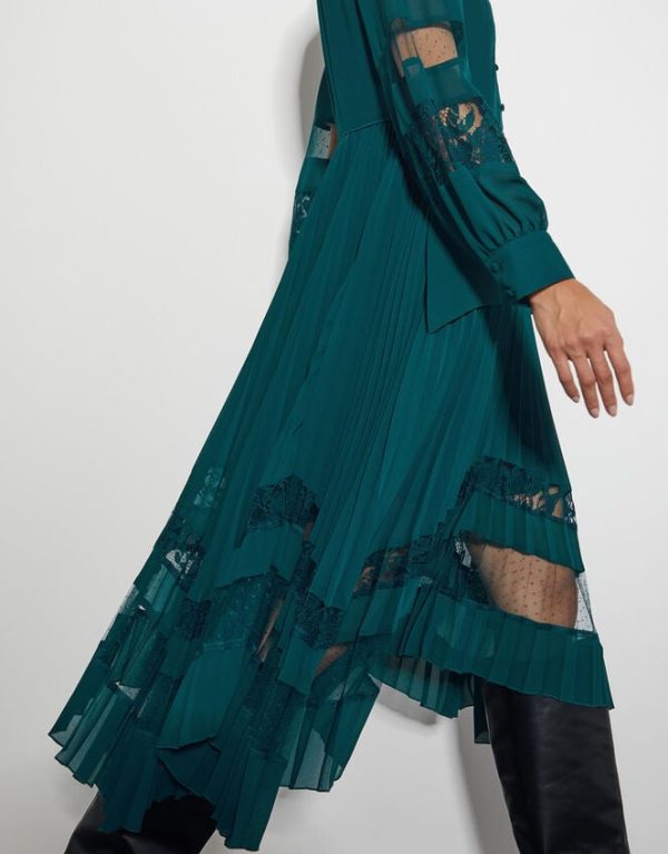 Monsoon Florence Lace Insert Pleated Midi Dress Green - Image 4