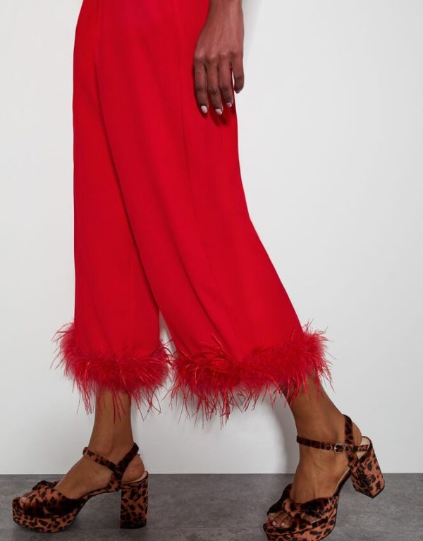 Monsoon Monsoon x Sarah Corbett-Winder Feather Trim Cropped Trousers Red - Image 4