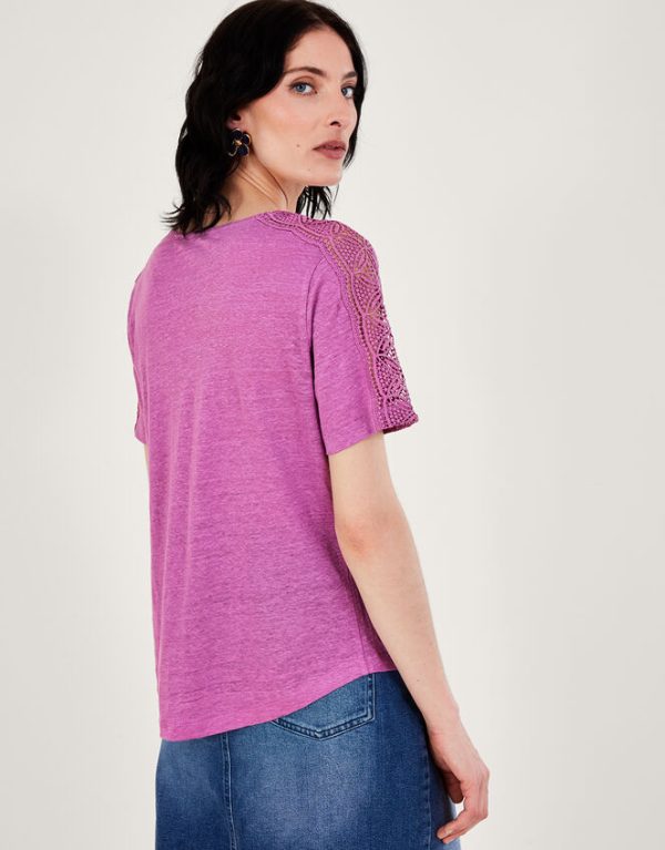 Monsoon Button Through Lace Linen T-Shirt Purple - Image 3