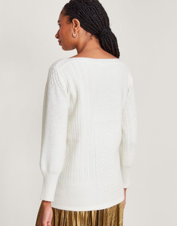 Monsoon Supersoft Patch Cable Knit Tunic Jumper Ivory - Image 3