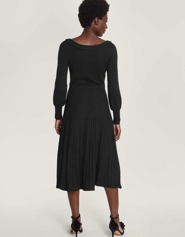 Monsoon Pleat Trim Slash Neck Midi Dress Black - Image 3