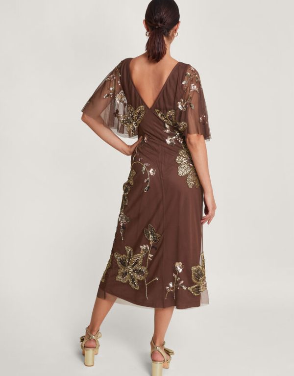 Monsoon Fia Floral Embellished Dress Brown - Image 4