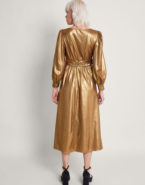 Monsoon Gracie Bow Midi Dress Gold - Image 3