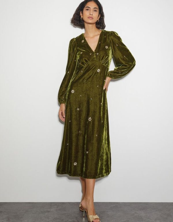 Monsoon Joyce Embellished Velvet Tea Dress Yellow - Image 5