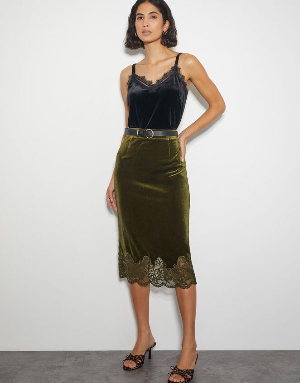 Monsoon Andi Velvet Lace Pencil Skirt Green - Image 5