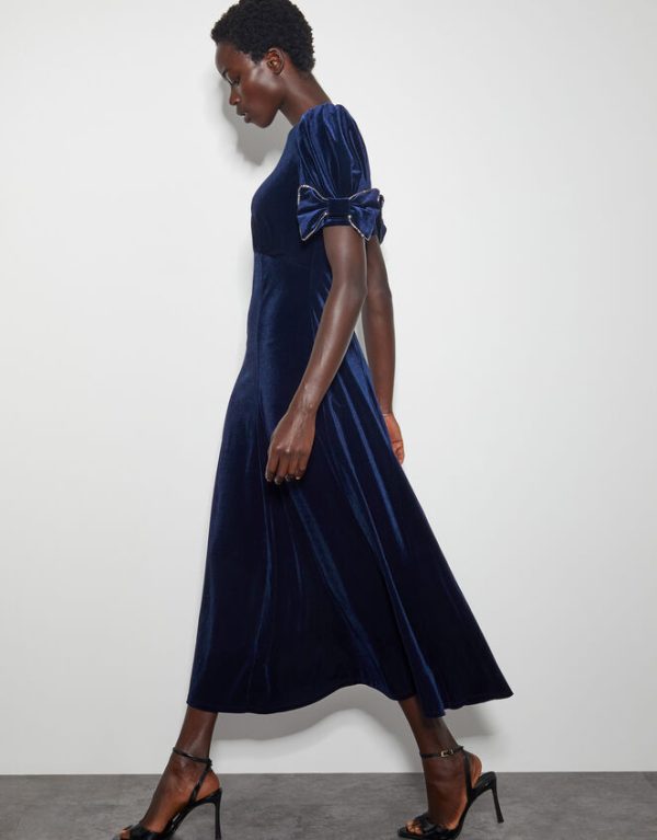 Monsoon Belle Bow Sleeve Velvet Midi Dress Blue - Image 5