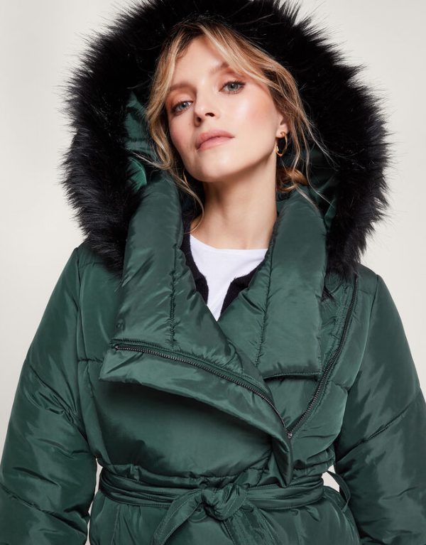 Monsoon Pauline Faux Fur Hood Puffer Coat Green - Image 4