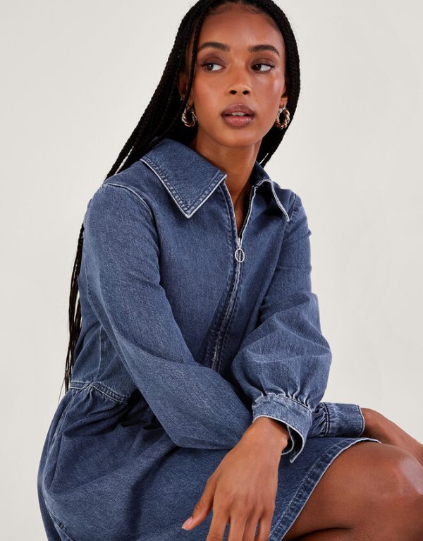 Monsoon Alana Shirt Zip Denim Dress Blue - Image 5