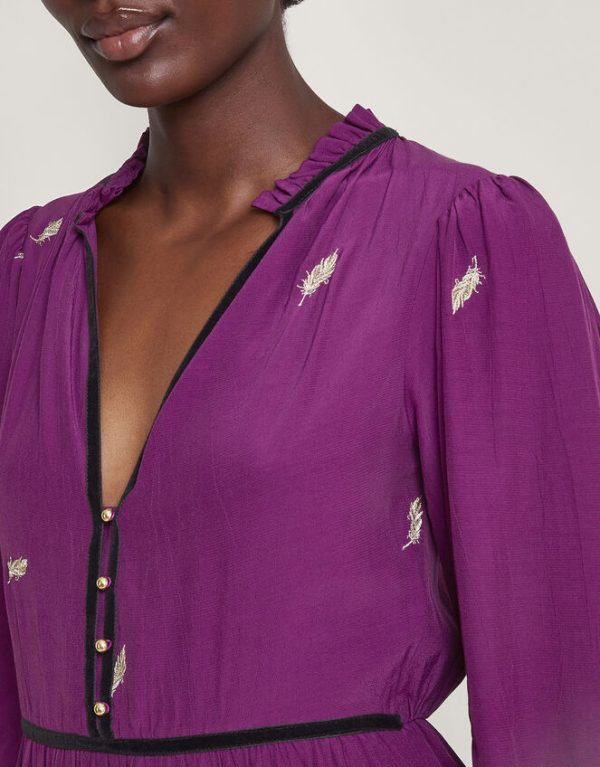 Monsoon Willa Embroidered Shirt Dress Purple - Image 4