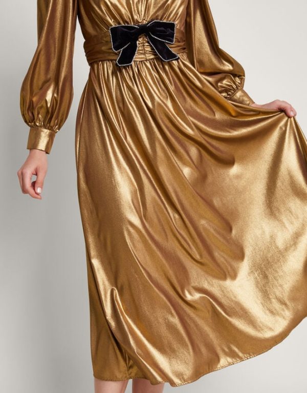 Monsoon Gracie Bow Midi Dress Gold - Image 4