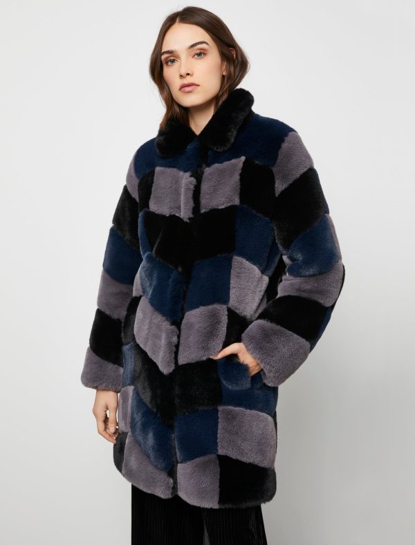 Bcbg Multi-Color Patchwork Faux Fur Coat