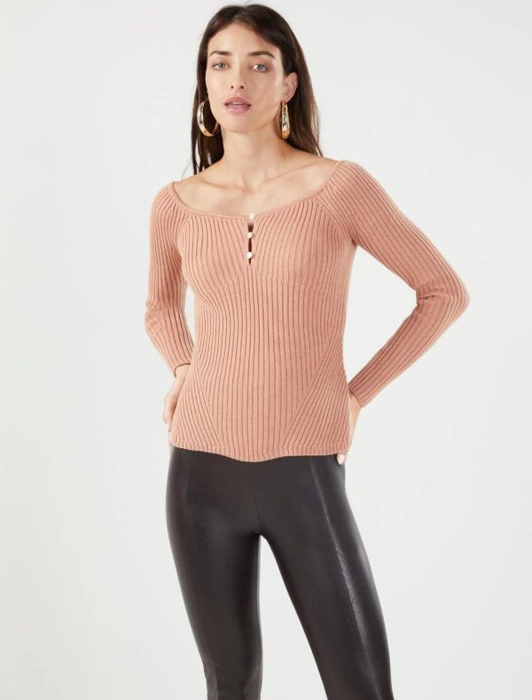 BCBG OFF-THE-SHOULDER WOOL BLEND RIBBED SWEATER - BLUSH