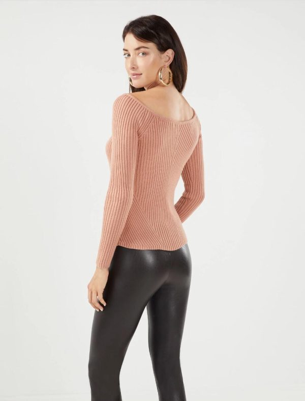 BCBG OFF-THE-SHOULDER WOOL BLEND RIBBED SWEATER - BLUSH - Image 2