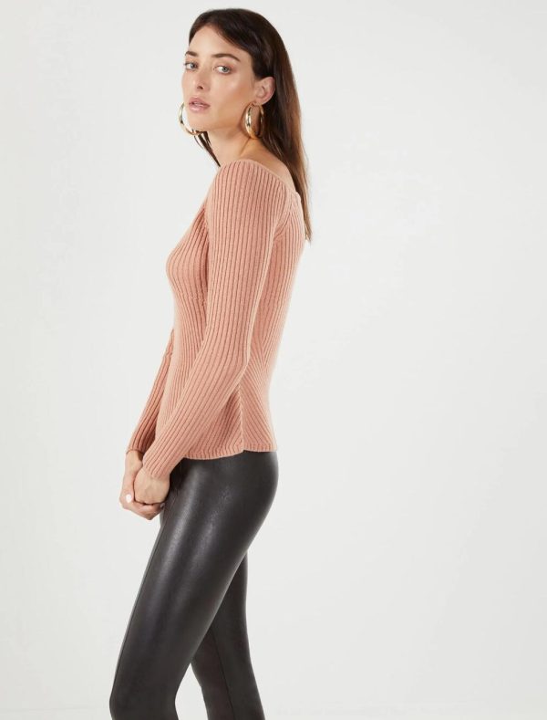 BCBG OFF-THE-SHOULDER WOOL BLEND RIBBED SWEATER - BLUSH - Image 3