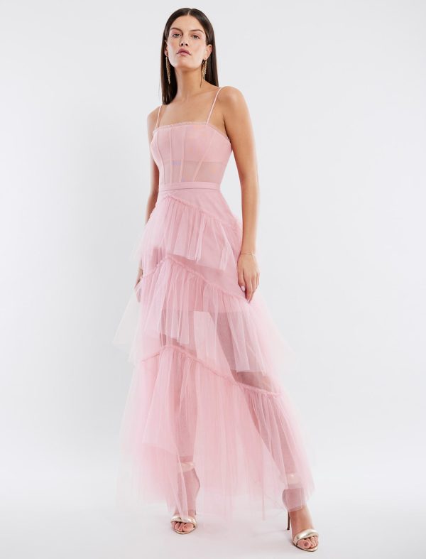 BCBG OLY TIERED RUFFLE TULLE EVENING GOWN - BRIDAL ROSE