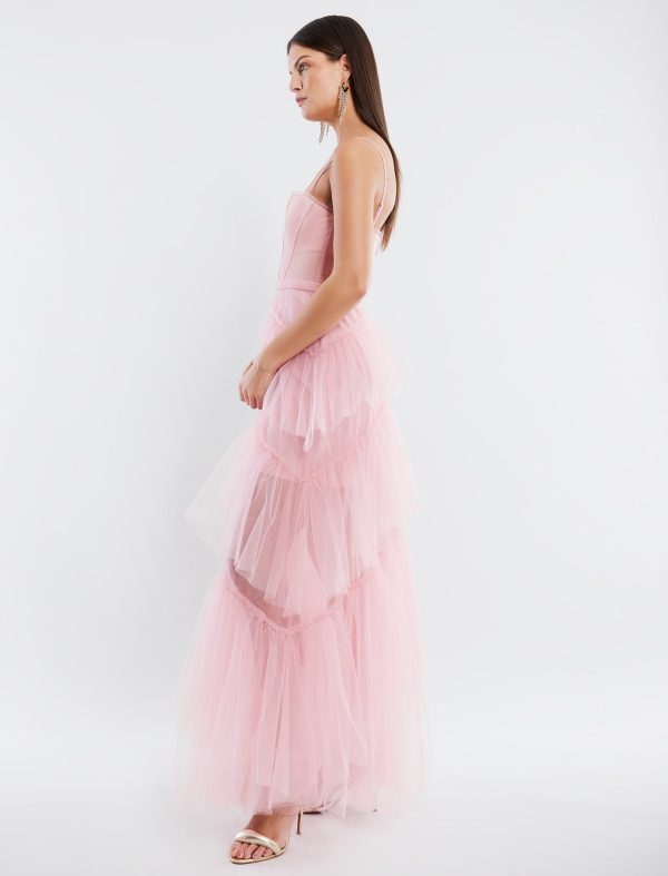 BCBG OLY TIERED RUFFLE TULLE EVENING GOWN - BRIDAL ROSE - Image 3