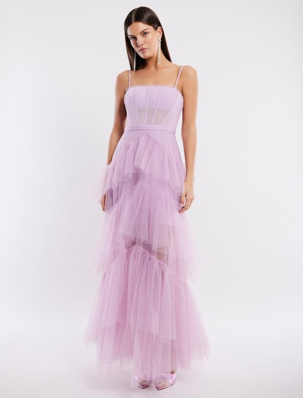 BCBG OLY TIERED RUFFLE TULLE EVENING GOWN - FAIR ORCHID