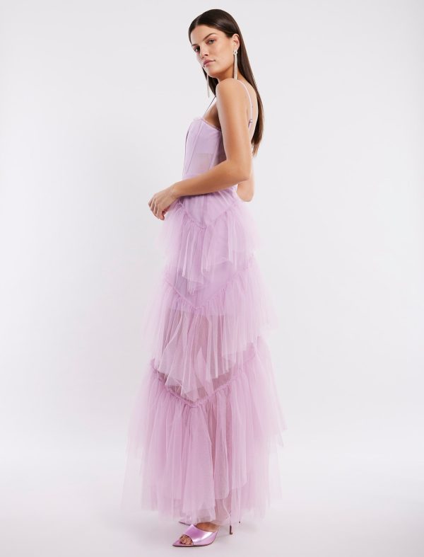 BCBG OLY TIERED RUFFLE TULLE EVENING GOWN - FAIR ORCHID - Image 3