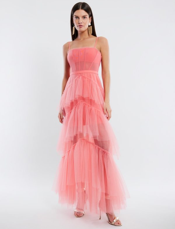 BCBG OLY TIERED RUFFLE TULLE EVENING GOWN - SHELL PINK