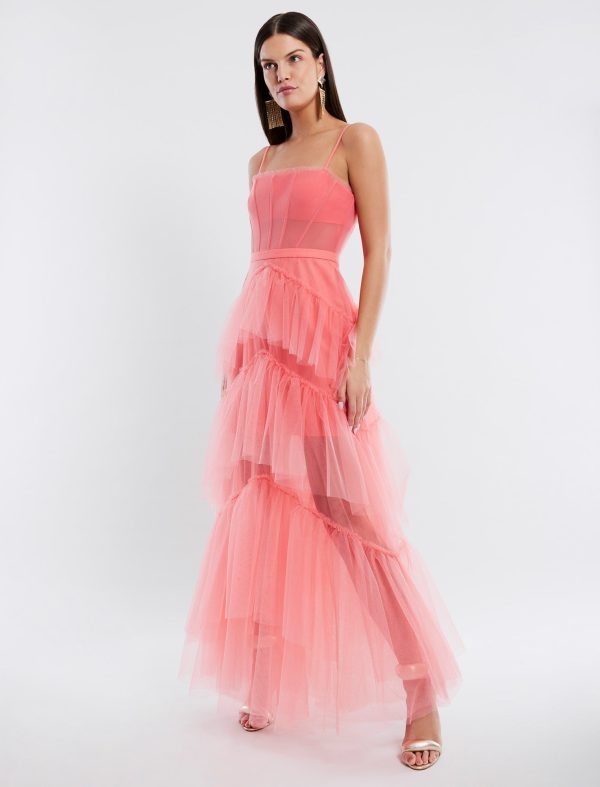 BCBG OLY TIERED RUFFLE TULLE EVENING GOWN - SHELL PINK - Image 2