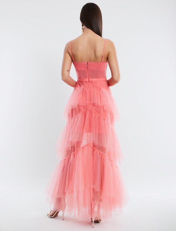 BCBG OLY TIERED RUFFLE TULLE EVENING GOWN - SHELL PINK - Image 3