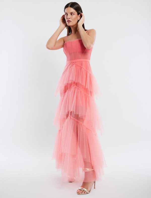 BCBG OLY TIERED RUFFLE TULLE EVENING GOWN - SHELL PINK - Image 4