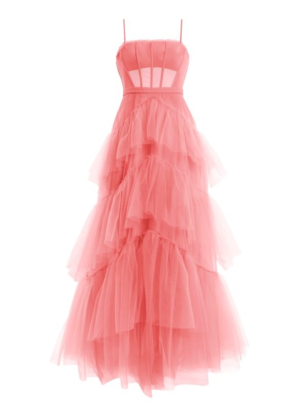 BCBG OLY TIERED RUFFLE TULLE EVENING GOWN - SHELL PINK - Image 5