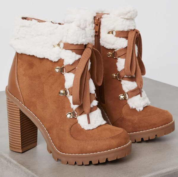 BCBG PALLI FAUX SHEARLING LACE-UP BOOTIE BCBGENERATION - camel