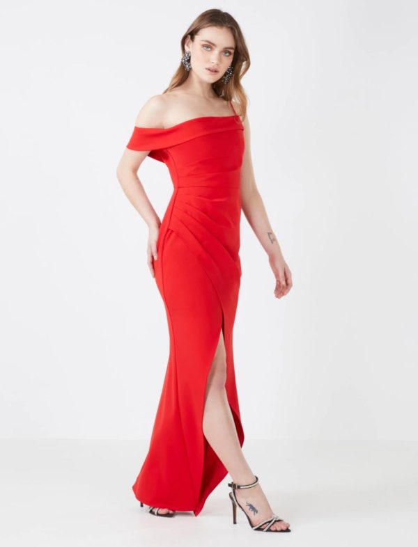 BCBG AUDREY ASYMMETRICAL OFF - SHOULDER EVENING GOWN - RED LACQUER