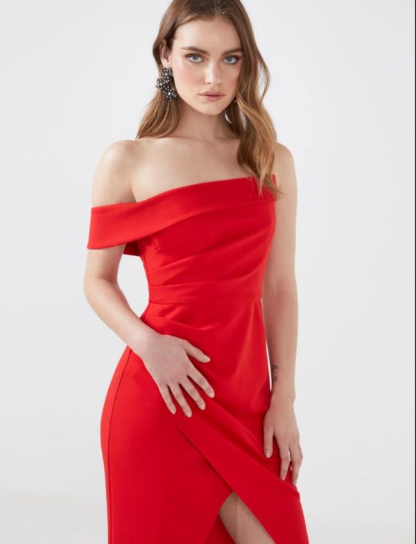 BCBG AUDREY ASYMMETRICAL OFF - SHOULDER EVENING GOWN - RED LACQUER - Image 2