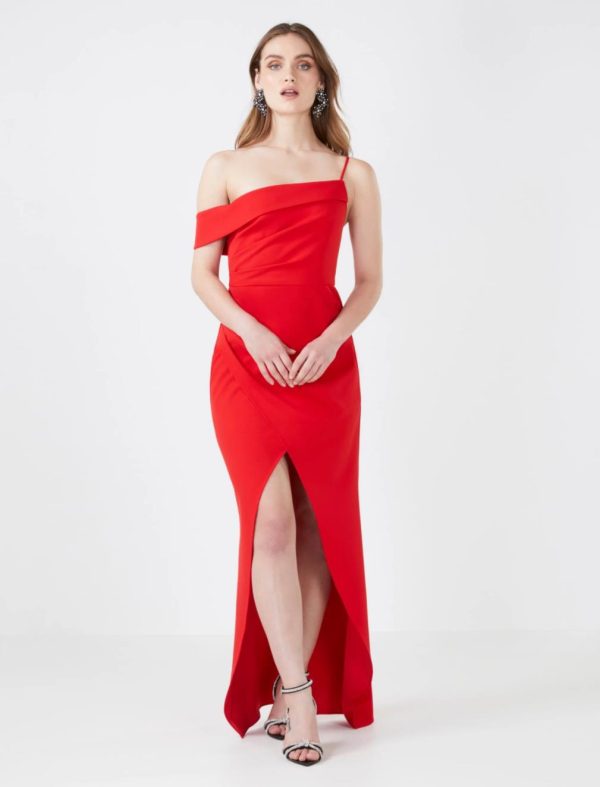 BCBG AUDREY ASYMMETRICAL OFF - SHOULDER EVENING GOWN - RED LACQUER - Image 3