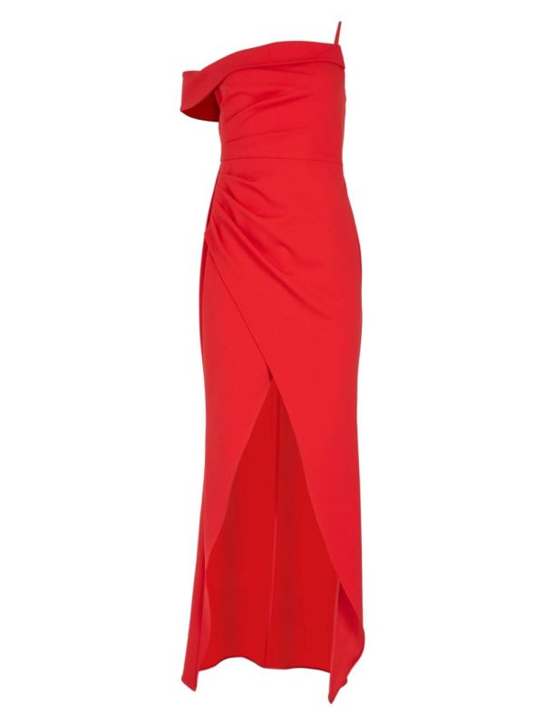 BCBG AUDREY ASYMMETRICAL OFF - SHOULDER EVENING GOWN - RED LACQUER - Image 5