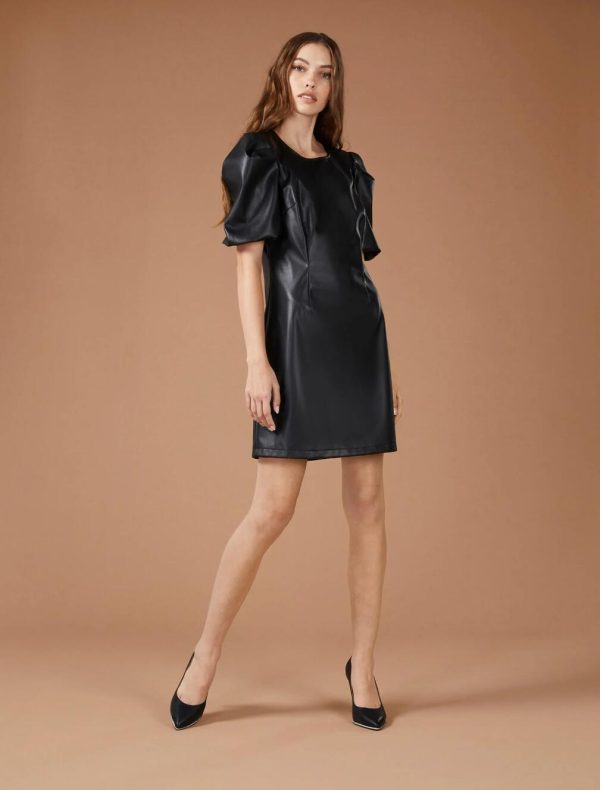 BCBG RUCHED SLEEVE FAUX LEATHER MINI DRESS - BLACK