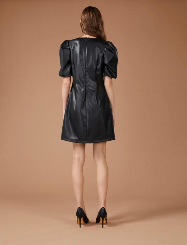 BCBG RUCHED SLEEVE FAUX LEATHER MINI DRESS - BLACK - Image 2