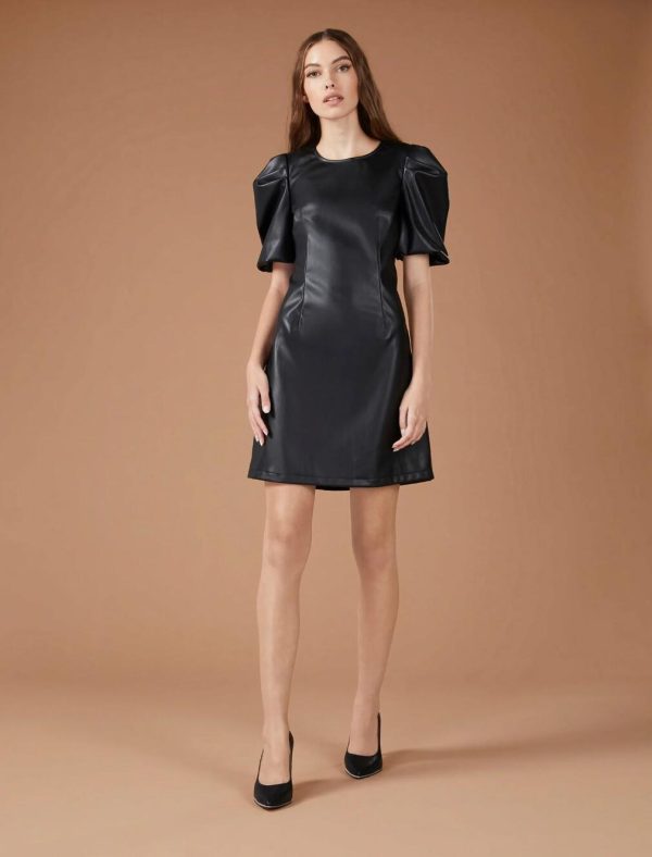 BCBG RUCHED SLEEVE FAUX LEATHER MINI DRESS - BLACK - Image 3