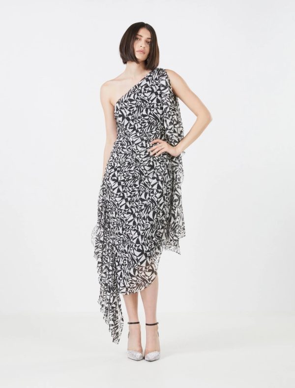 BCBG SANTINO ONE SHOULDER EVENING DRESS - BLACK AND WHITE PRINT