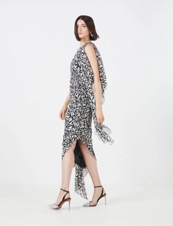 BCBG SANTINO ONE SHOULDER EVENING DRESS - BLACK AND WHITE PRINT - Image 3