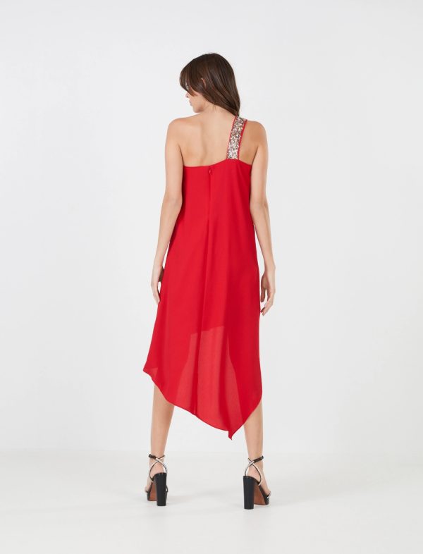 BCBG SAWYER BEADED ONE SHOULDER DRESS - RED - Image 5