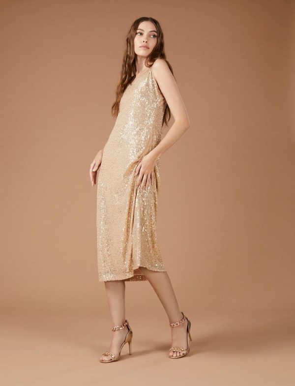 BCBG SEQUIN MIDI DRESS - CHAMPANGE SEQUIN