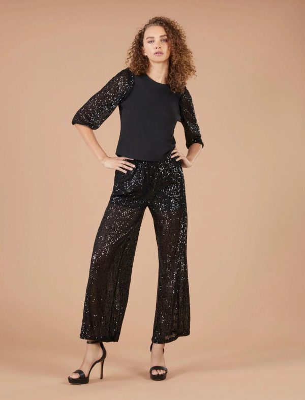 BCBG SEQUIN WIDE-LEG PANT - BLACK