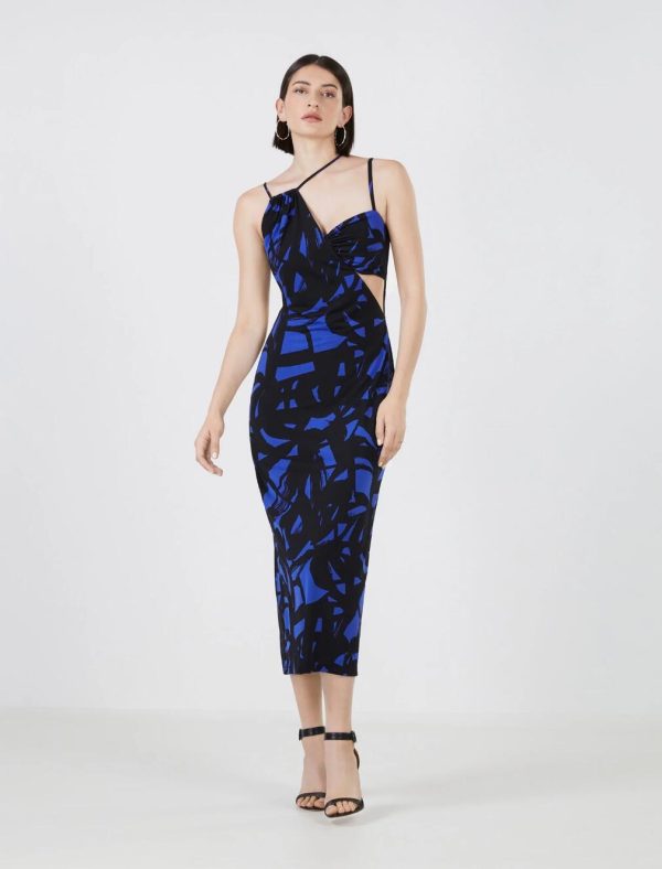 BCBG SERGIO ASYMMETRICAL CUTOUT DRESS - MAZARINE BLUE/BLACK MULTI