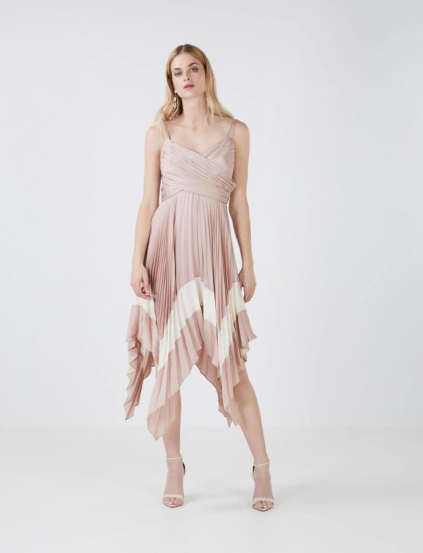 BCBG AVELINE PLEATED MIDI DRESS - BARE PINK COMBO